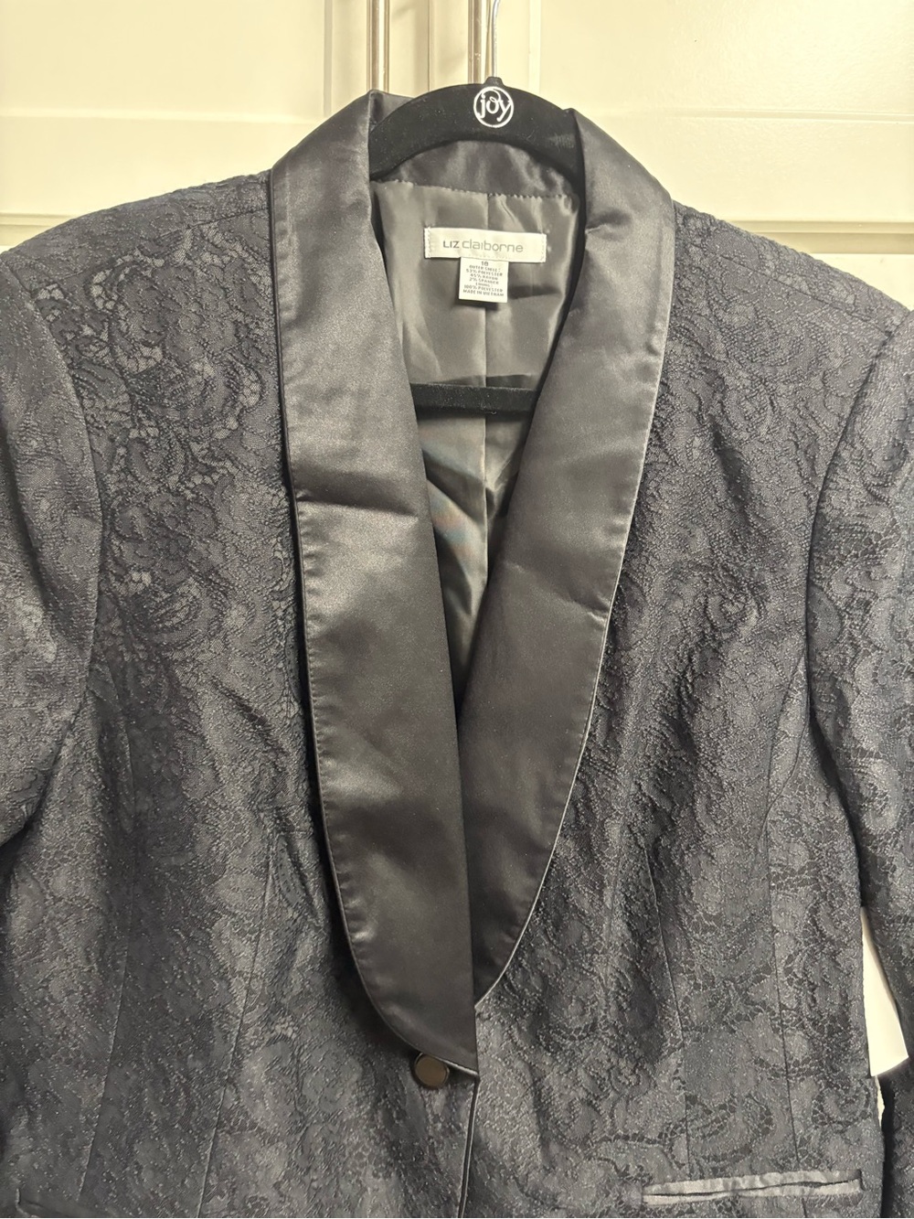 Liz Claiborne Black Lace design Lace Blazer with Satin Shawl Collar.  Sz 16